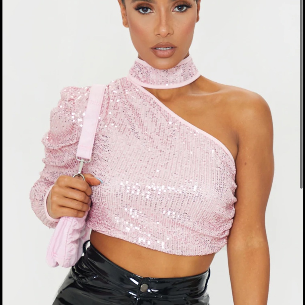 Pink sequin one shoulder crop top